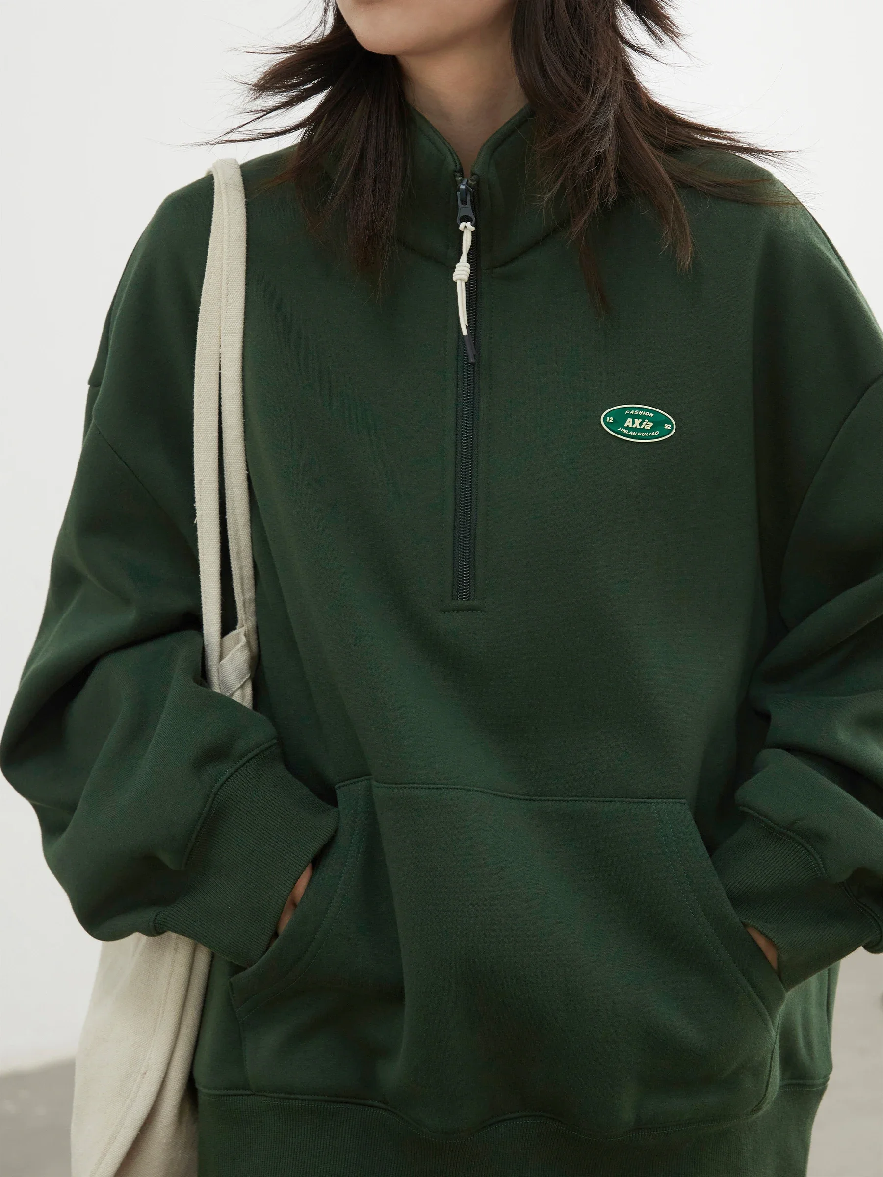 Chique ven moletom feminino casual solto quente gola meio zíper feminino velo hoodie senhoras pulôver outono inverno 2024