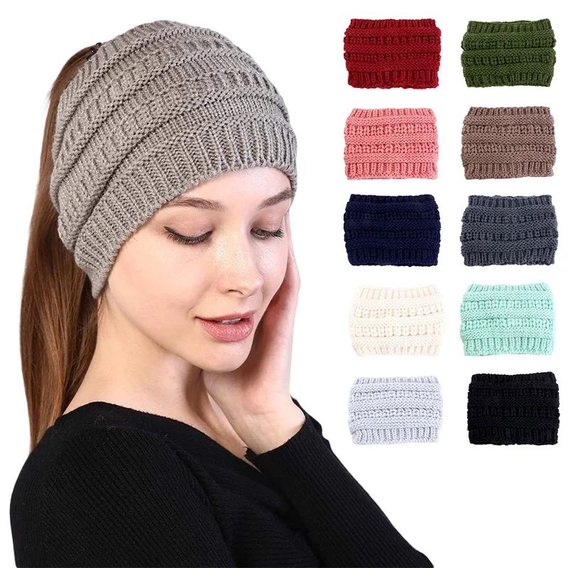 Knitting Woolen Wide Headband For Women Autumn Winter Headwrap Turban Hairbands With Holes Hat Keep Warm Female Ear Warmers