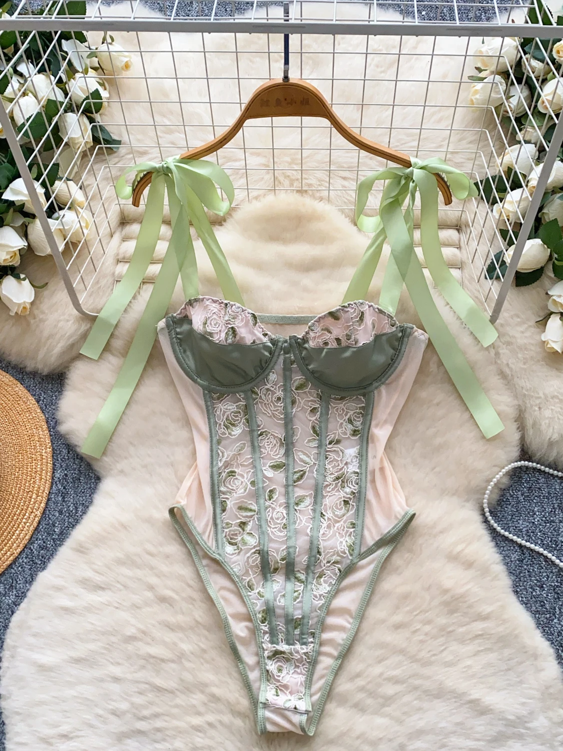 

Женские зеленые узкие кружевные комбинезоны Y2k, винтажные комбинезоны на шнуровке с открытыми плечами, экзотические сексуальные комбинезоны Sissy, летние кокетли