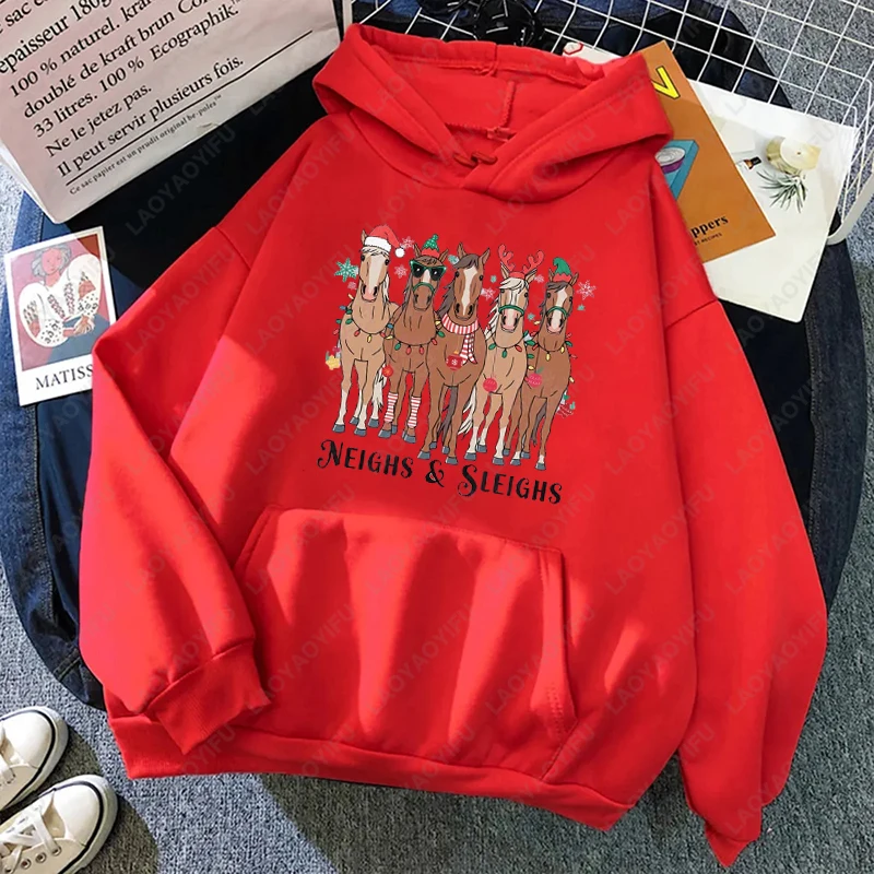 

Horse Christmas Neighs & Sleighs Holiday Hoodie Western Equestrian Lover Gift Funny Sweatshirt Men Women Casual Fashion Pullover
