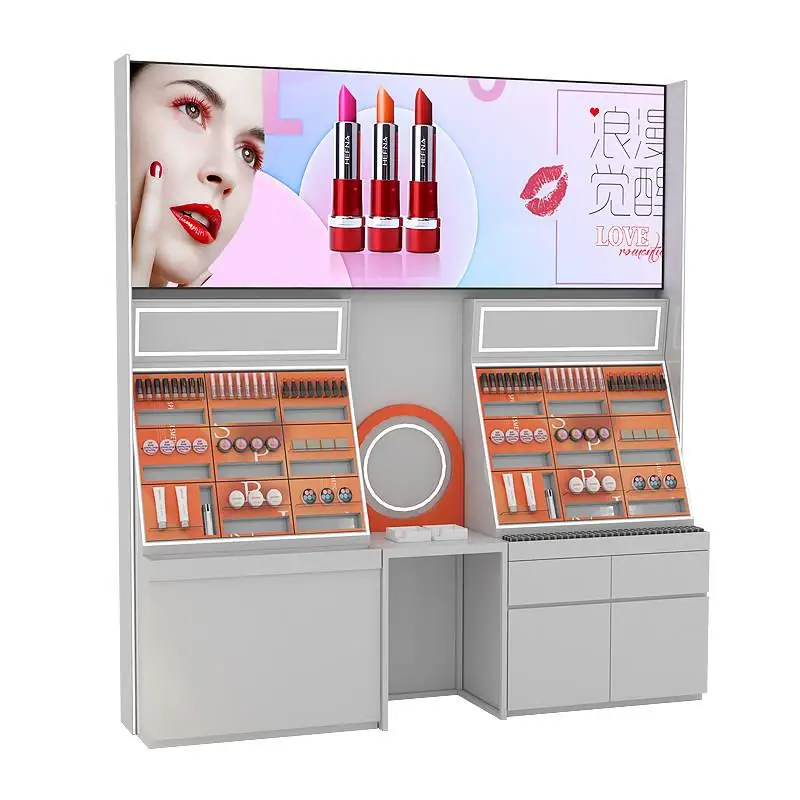 

Cosmetics display cabinet with mirror, lipstick display rack with lamp, color matching and baking paint, makeup display cabinet