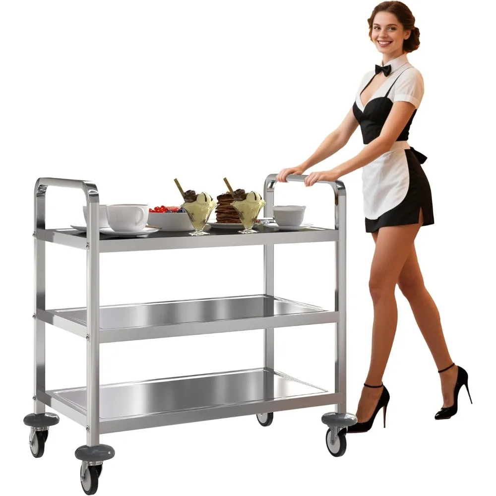 

Stainless Steel 3-Tier Utility Cart for Commercial Use: Rotating Wheels, Kitchen Island, Holds Up to 400 lbs