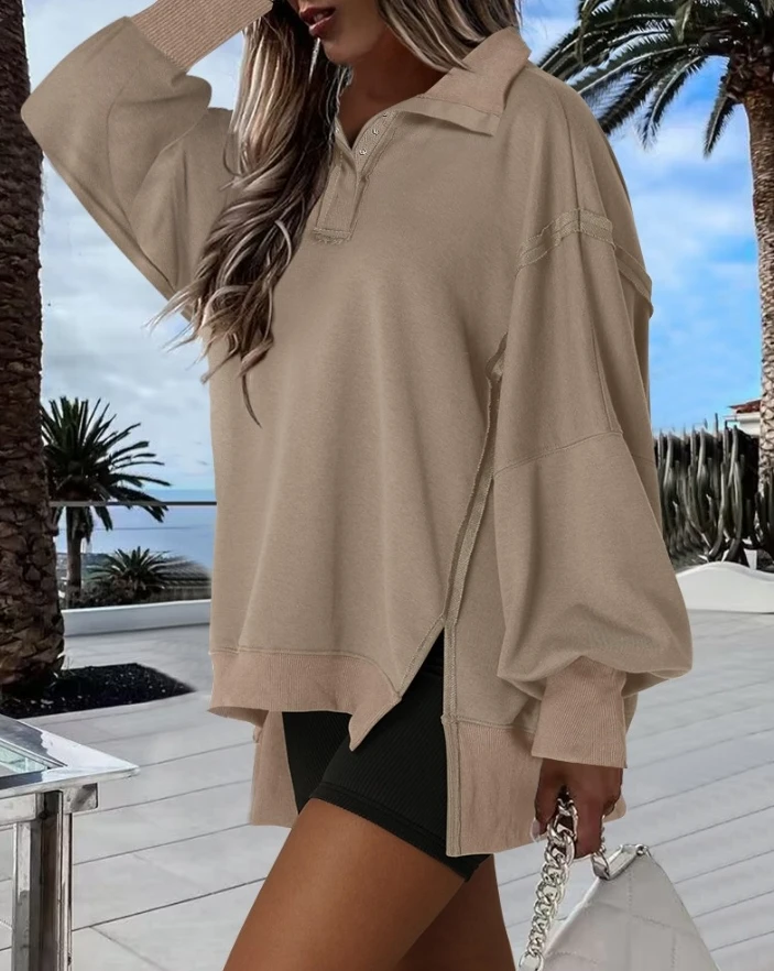 

Women's Sweatshirts 2024 Autumn Fashion Turn-Down Collar Long Sleeve Sweatshirt Loose Fit Side Slit Dip Hem Casual Pullover Top