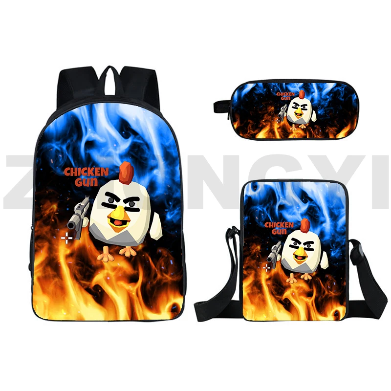 3 in 1 Set Anime Chicken Gun School Bag Large Capacity Canvas Laptop Backpack Portable Casual Travel Bag Chicken Gun Kid Bookbag