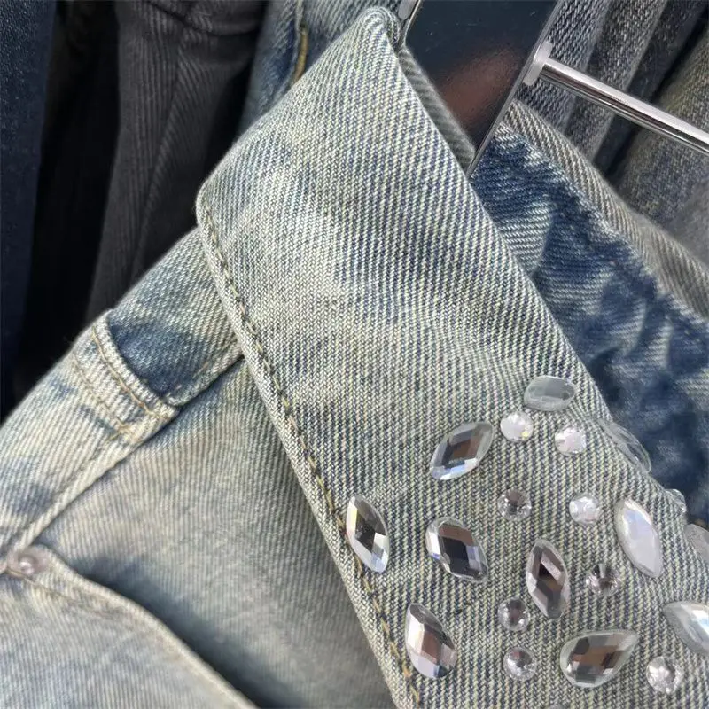 Korea echte hochwertige Diamant Denim Röcke Stickerei Revers schmal geschnittene Straße lässig A-Linie hohe Taille Denim Minirock