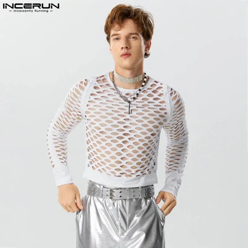 2023 Men T Shirt Solid Hollow Out O-neck Long Sleeve Unisex Crop Tops Streetwear Fitness Sexy Fashion Camisetas INCERUN S-3XL