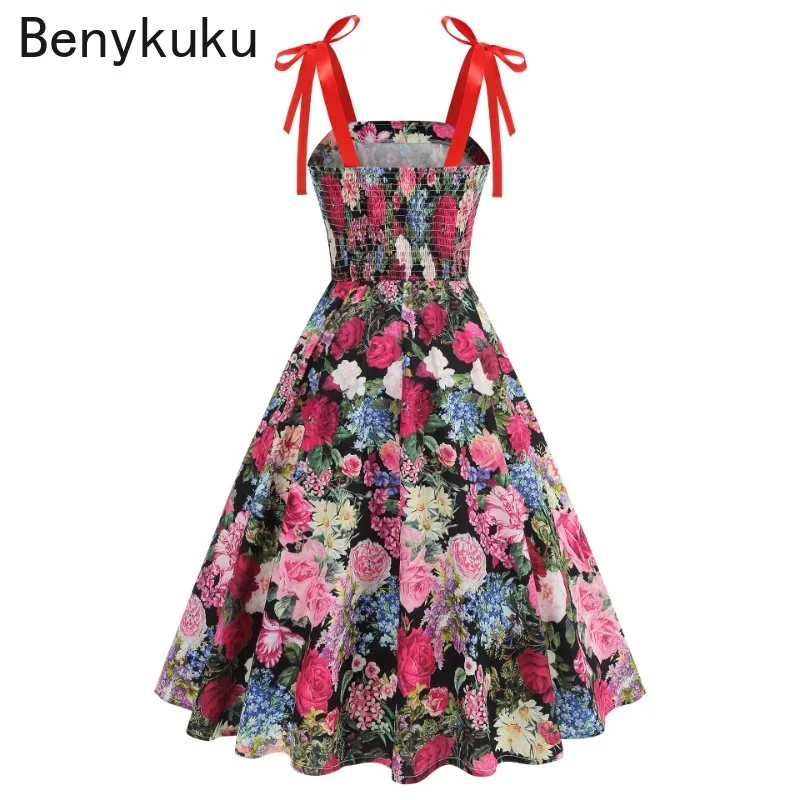 French Vintage Oil Painting Style Print Floral Strap Midi Dress Women Summer Clothes Sleeveless Swing Vacation Party Cami Dress