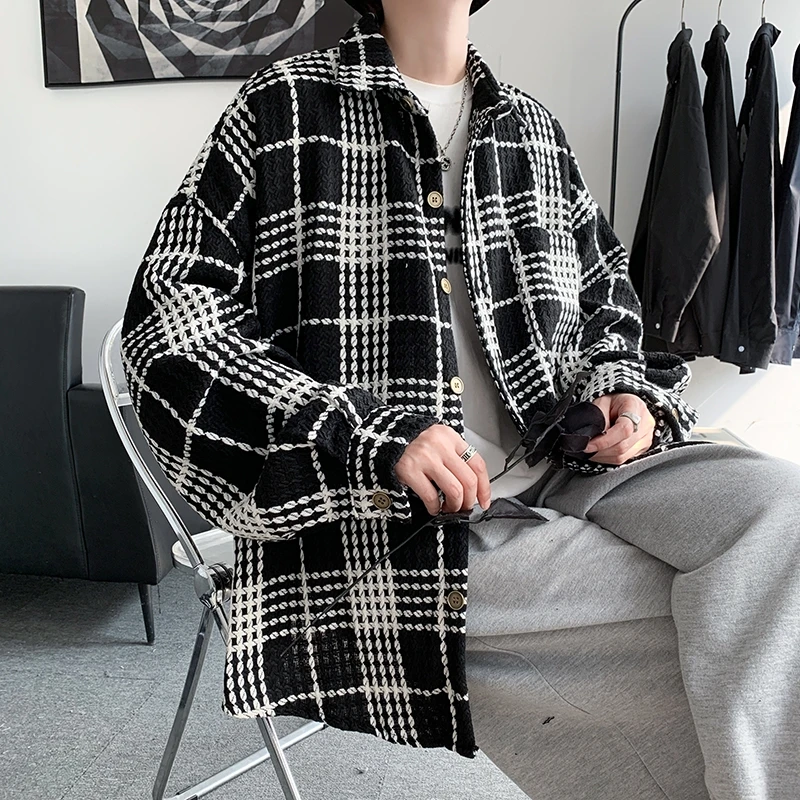 

Plaid Long Sleeve Men's Shirt Hong Kong Style Retro Spring Autumn Handsome Top High Quality Youth Fashion Loose Fit Button down