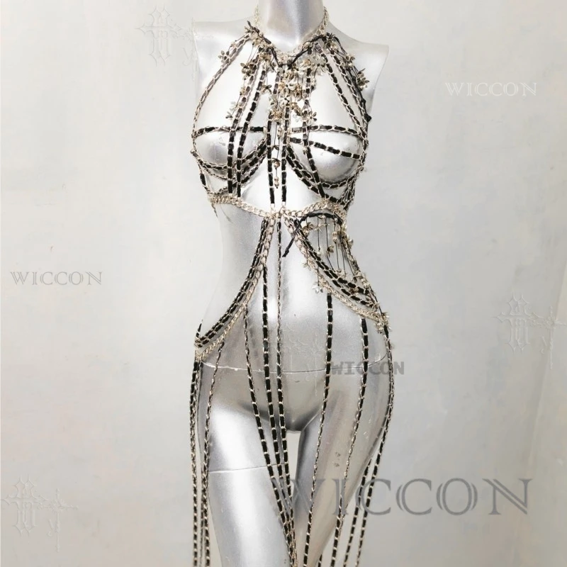 Halloween Costumes Subculture Futuristic Gothic Chain Stitching Black Gold Ribbon Hot Set Y2K Street Outfit Party fantasia