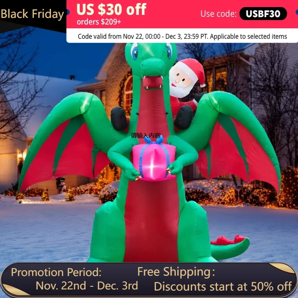 9-foot Christmas Inflatable Santa Claus Riding Dragon Yard Decoration -9-foot High Lawn Decoration with Bright Interior Lighting