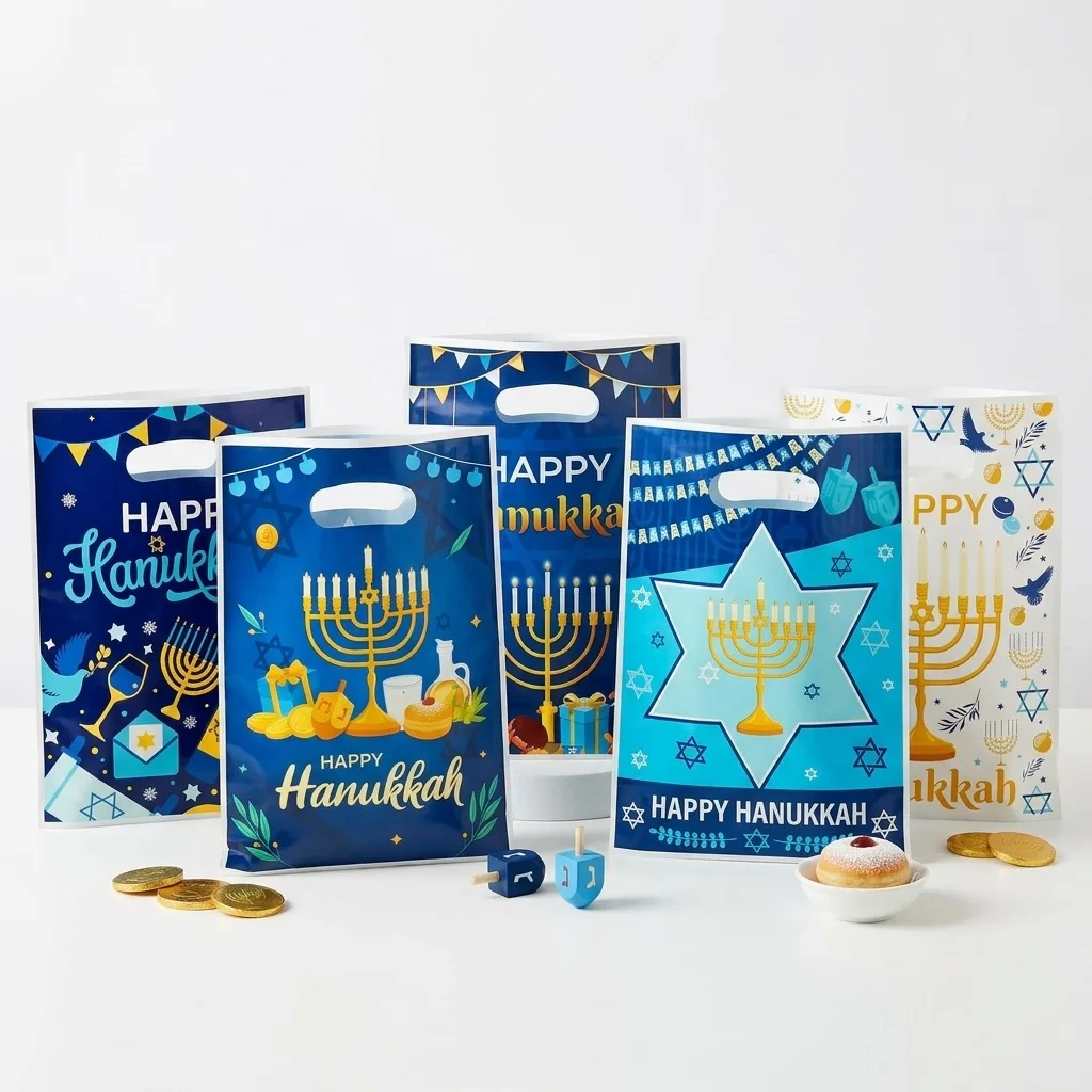 50Pcs/Pack Happy Hanukkah Theme OPP Gift Packing Bag Chanukah Candle Candy Cake Bag for Jewish Hanukkah Christmas Party Decor