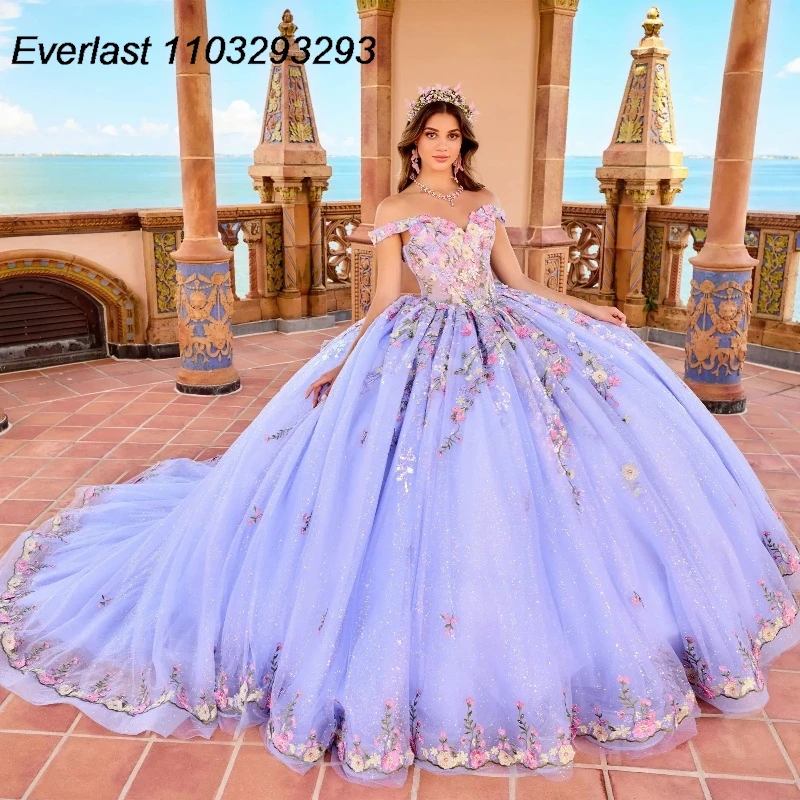 EVLAST Glitter Purple Quinceanera Dress Ball Gown 3D Colorful Floral Applique Beads With Cape Sweet 16 Vestido 15 De asenos TQD265