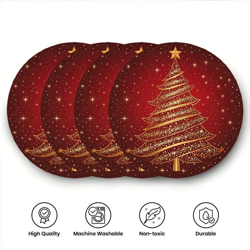 Vintage Wine Red Border Christmas Tree Circular Christmas Placemat, Wear-Resistant Plate Mat, Home Dining Table Decor Placemat