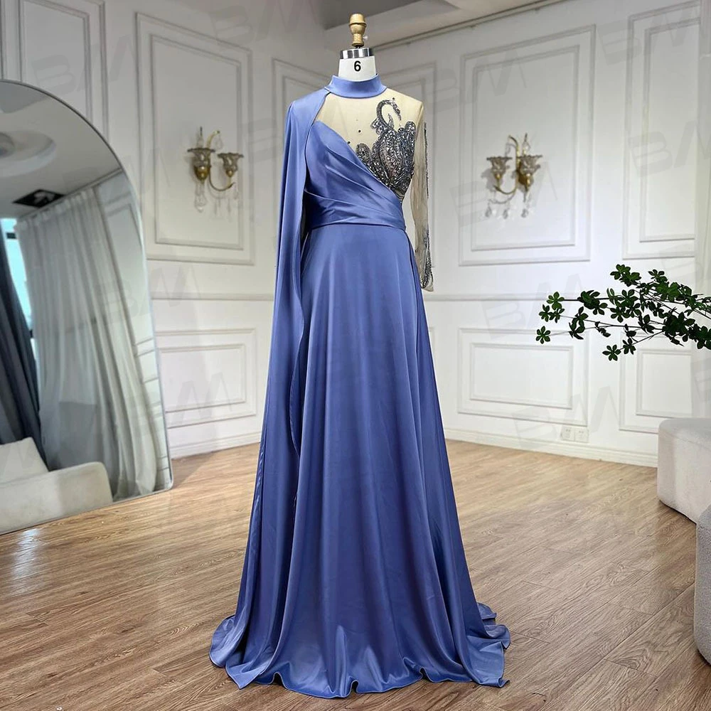 Robe de Soirée Élégante en Satin pour Occasions Formelles, Tenue de Bal de Forme Trapèze, Perlée, Col Haut, Cape, Maxi