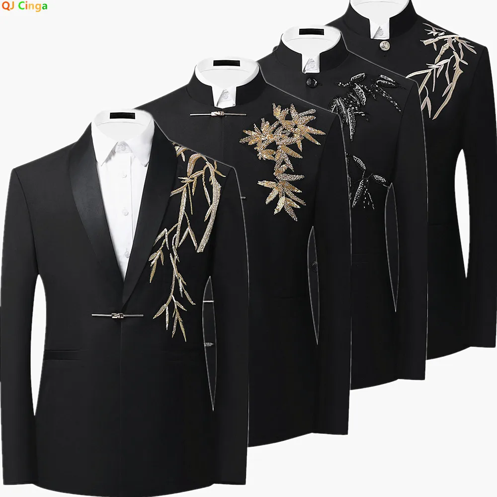 Men's Black Chinese Style Suit Jacket Single Button Stand Collar Top with Embroidery Or Sequin Decorations Asian Sizes M-6XL