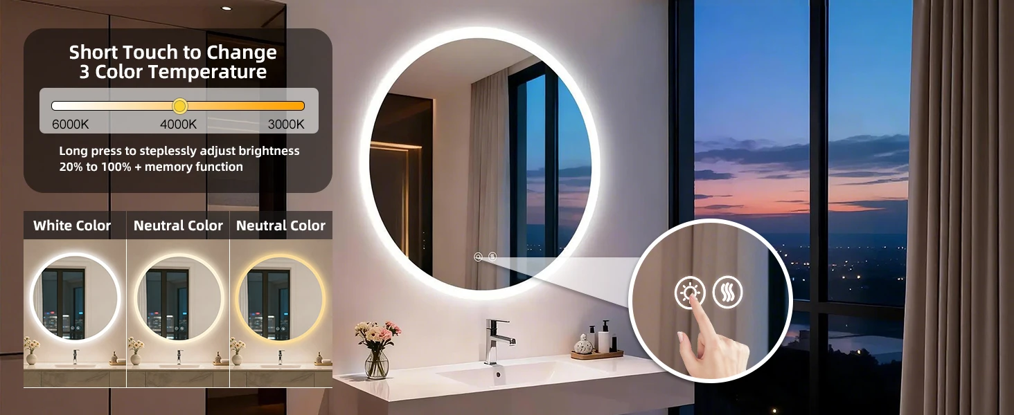 Round LED Bathroom Mirror 500 600 700 800 900mm Wall Vanity Mirror with Aluminum Frame, Anti-Fog, Stepless Dimming, 3000K/4000K/6000K,Memory Function, Backlit, Dual Buttons