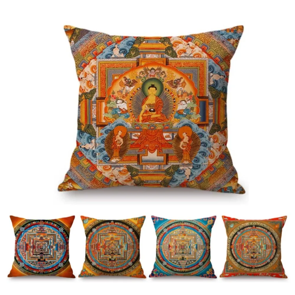 Vintage Mandala Nepal Tebitan Buddhism Pattern Worship Home Decorative Throw Pillow Case Cotton Linen Buddhist Art Cushion Cover