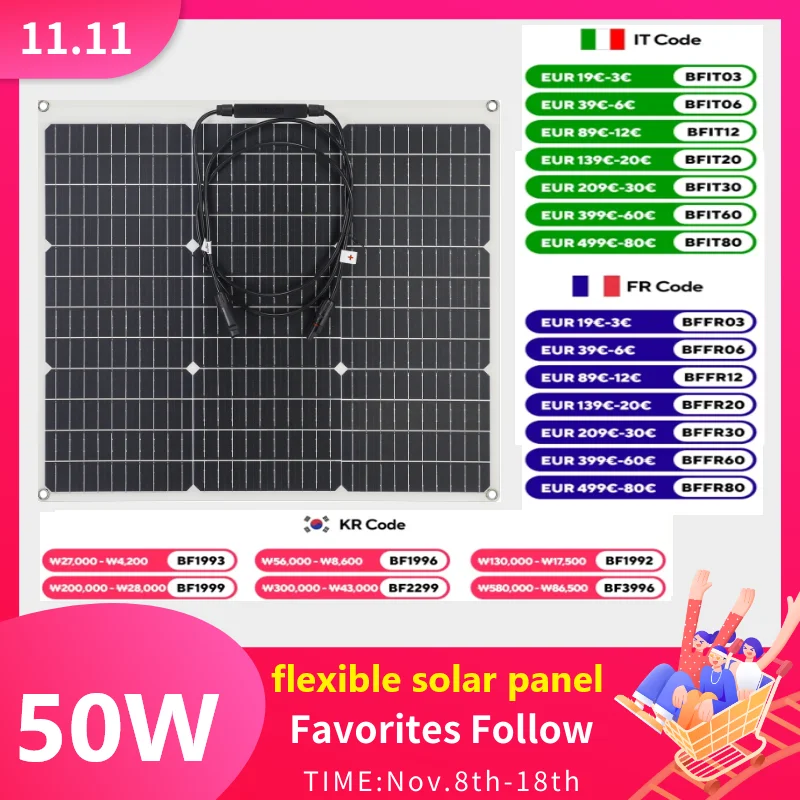 PowMr Powerful 18V 50W Flexible Solar Panels Mono Waterproof Solar Cells Solar Panel Kits System Camping RV Home Car Power Bank