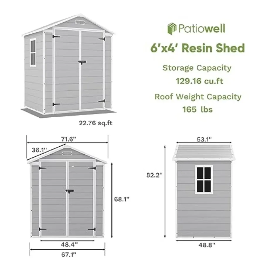 Outdoor storage shed with resin material, gray color, weather-resistant feet design and integrated floor for backyard use