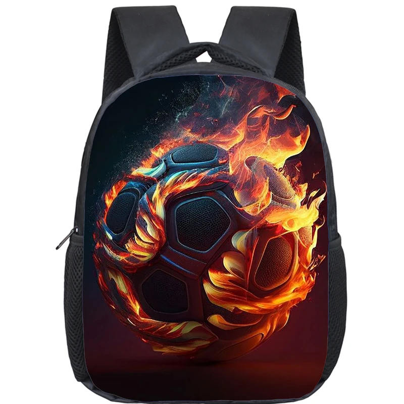 Cool Soccer with Fire Print Backpack Football Sport Rucksack Children School Bags for Preschool Boys Girls Outdoor Bookbag Kids