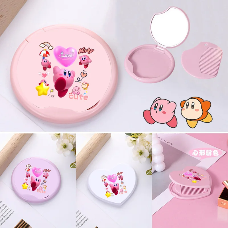 

Kirby Cartoon Cute Small Round Folding Make Up Mirror Anime Kawai Outdoor Pocket Mirrors Women Heart Mirror with Comb Girls Gift