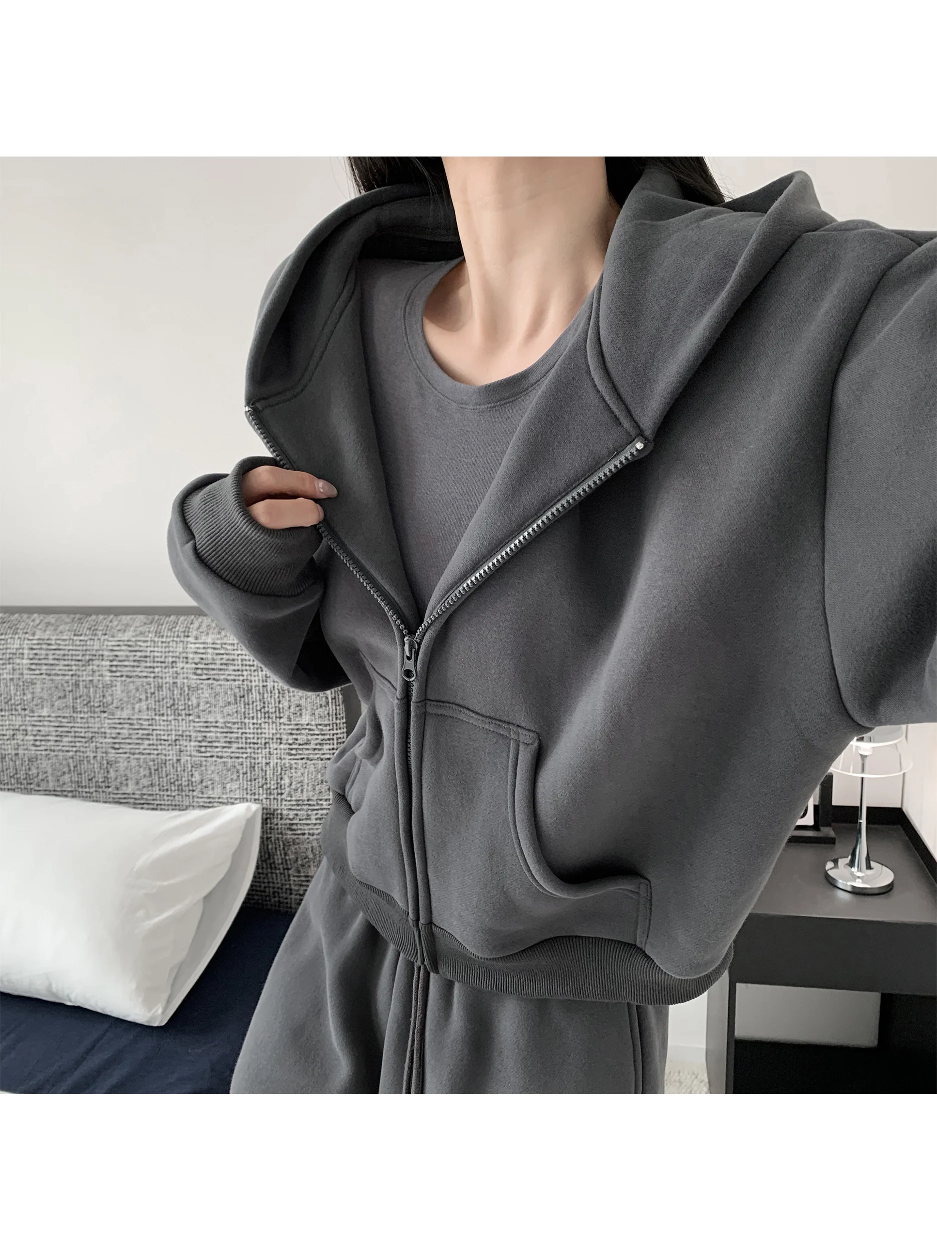 

Loose Casual American Sle Women's Hoodie Jaet And Wide Leg Pants Two-Piece Set Long Sve High Waist Winter Outfit