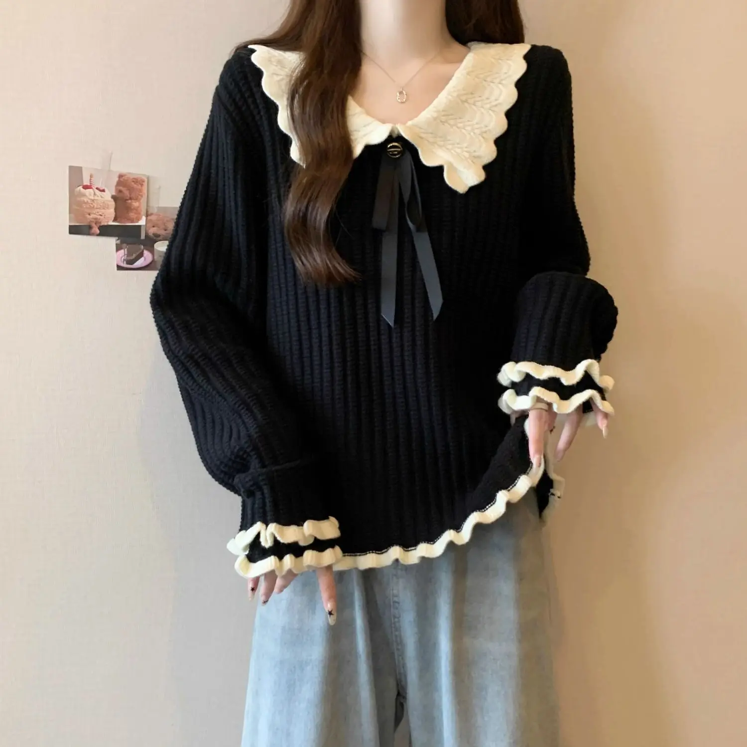 Chic Peter Pan Collar Ruffles Knitted Sweater Women Fashion Plus Size Loose Pullover Tops Autumn Winter Long Sleeve Sweater