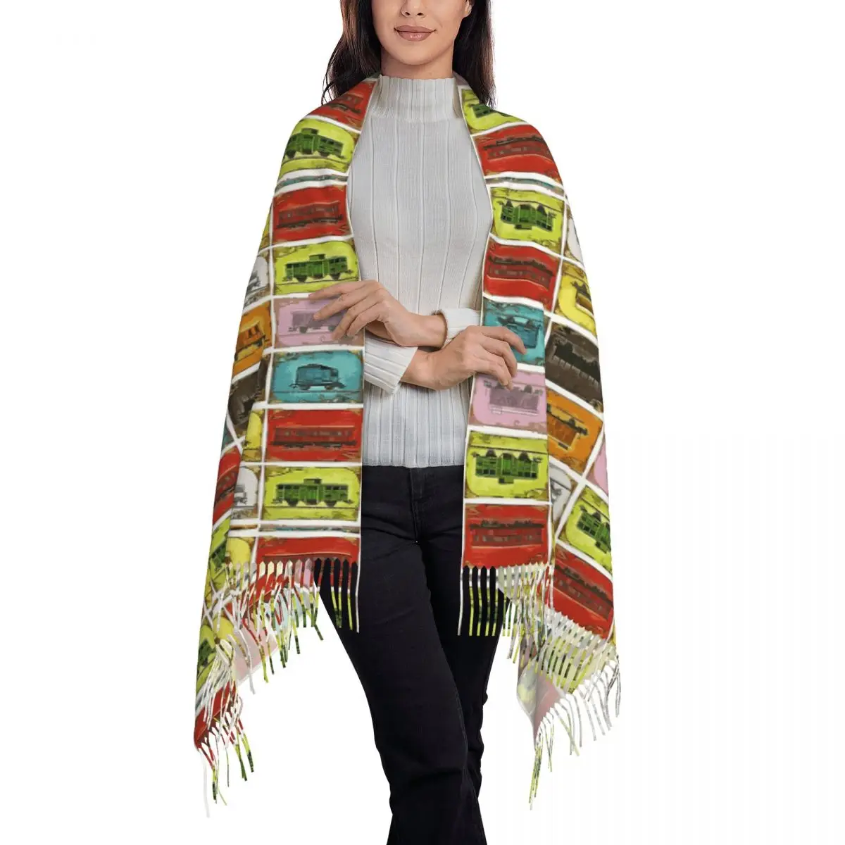 Ticket To Ride The Trains On White Bath Mat Scarf Tassel Scarves Women Soft Warm Shawls and Wraps Large Fall Winter Shawl Wrap