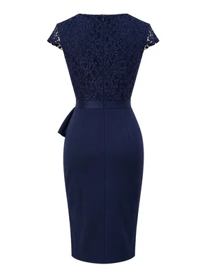 Ladies Elegant Lace Cap Sleeve Sexy Sweetheart Square Neck Summer Ruched Sheath Solid Business Casual Side Ruffle Split Dress
