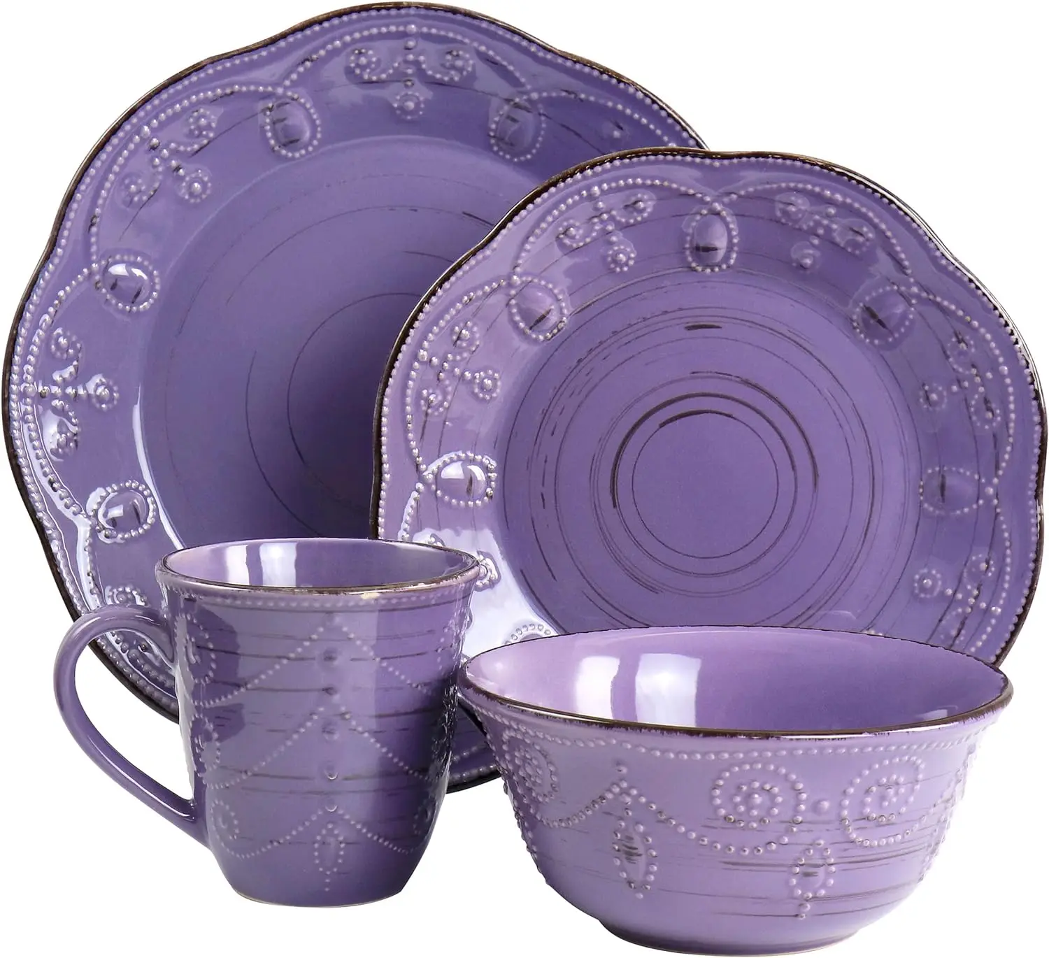 Rustic Birch 16 Piece Stoneware Dinnerware Set in Purple, Purple with Brown Accents