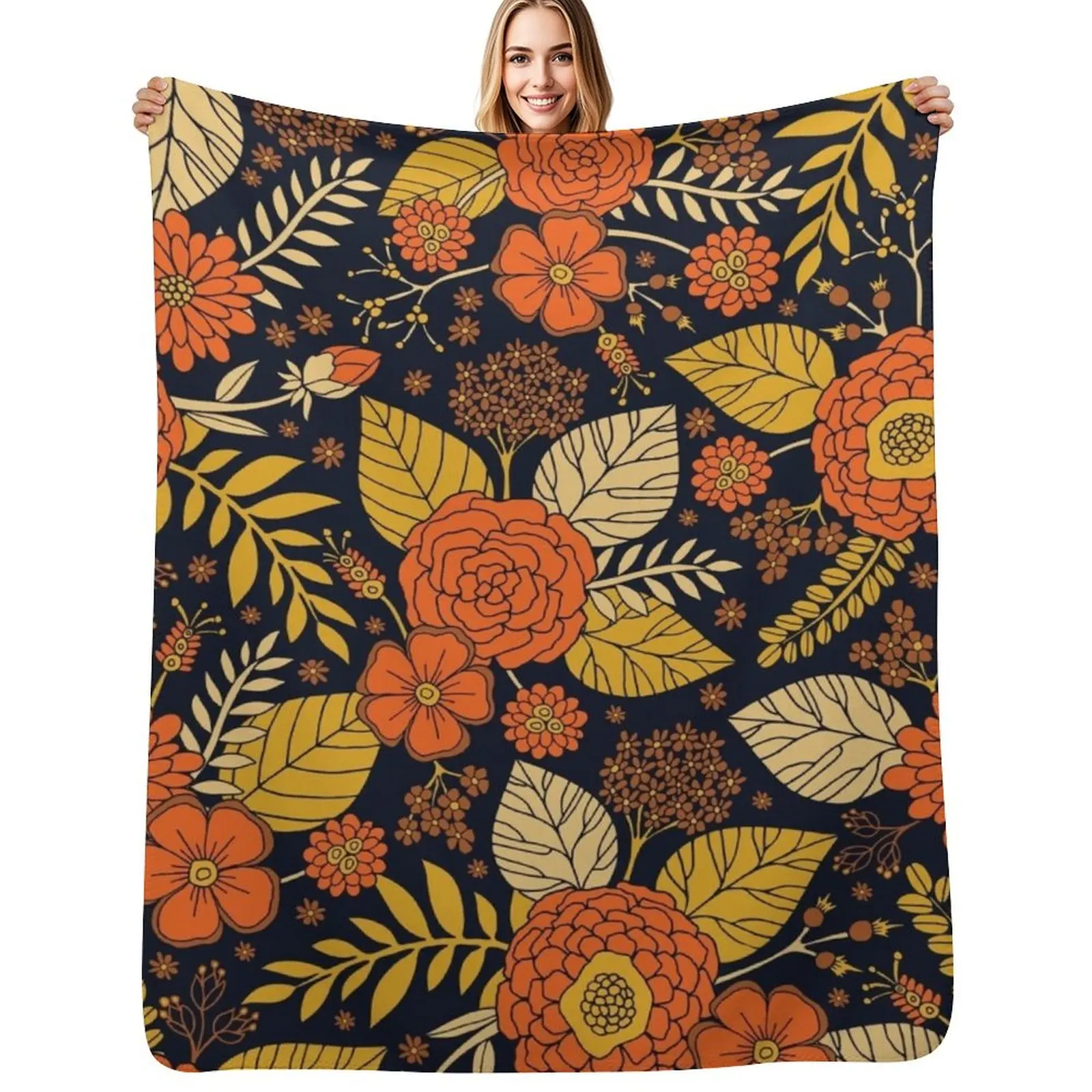 Retro Orange, Yellow, Brown, & Navy Floral Pattern Throw Blanket Soft Comfort Blanket for Reading Watching TV