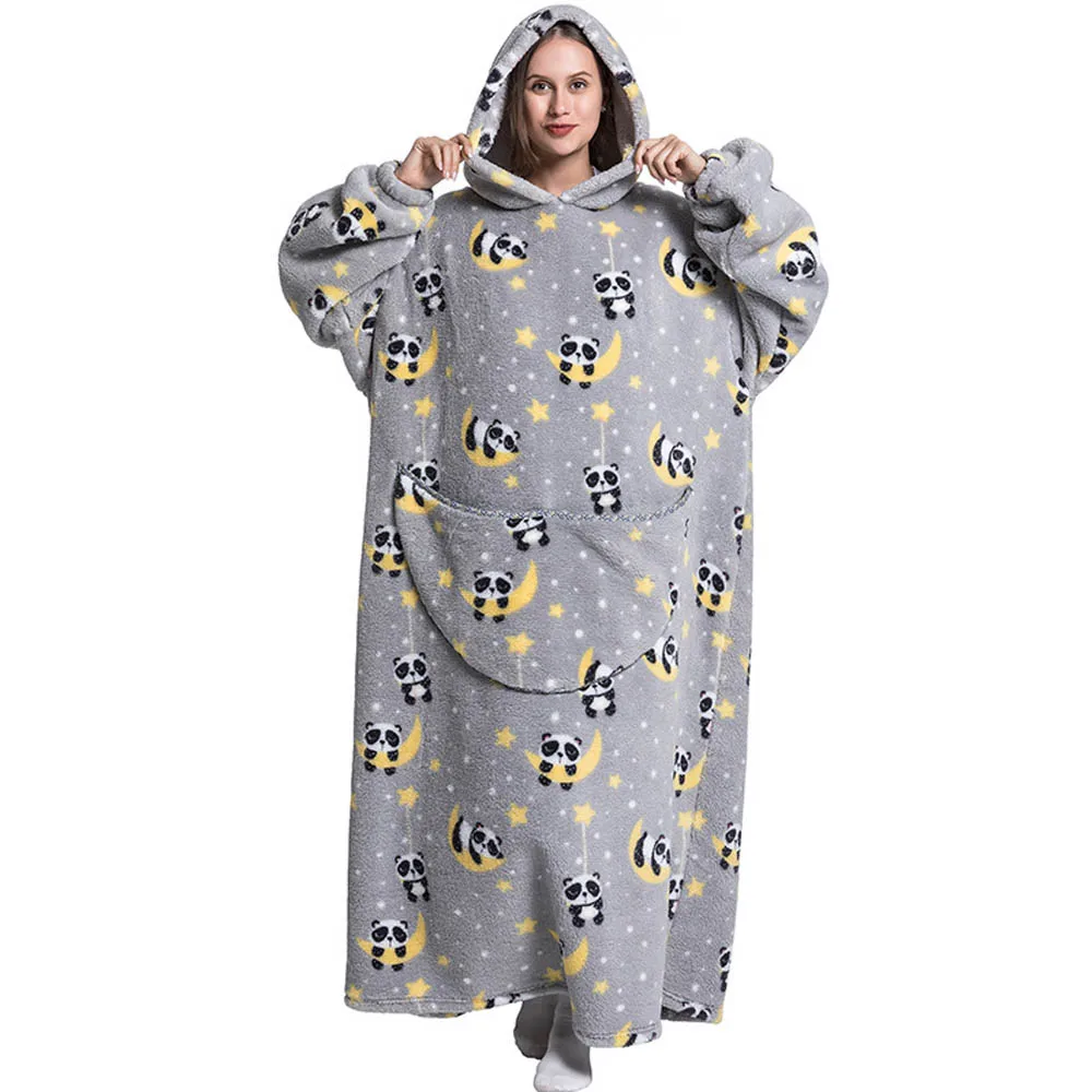 Super Long Oversized Winter Sherpa Blanket Plush Flannel Warm Family Matching Hoodie Christmas Homewear Avocado Women Sweatshirt