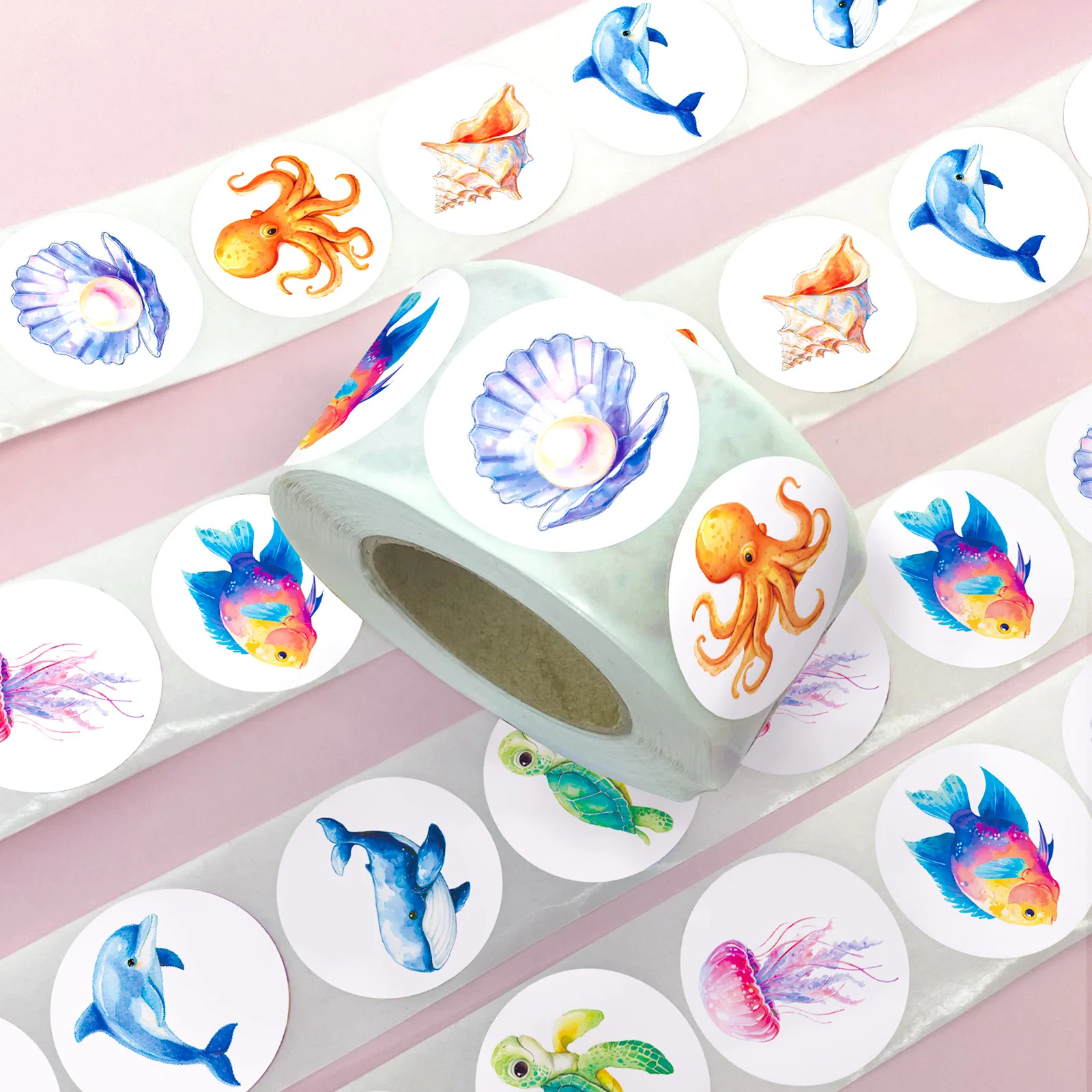 

500pcs/Roll Watercolor Sea Animals Cartoon Sealing Stickers DIY PVC Laptop Decals Decoration Reward Gift Toy