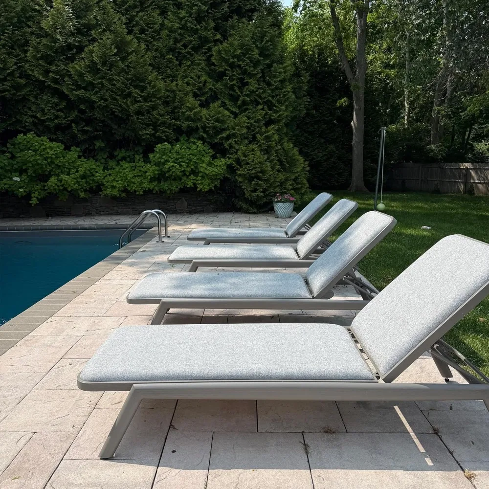 

Outdoor Chaise Lounge Chair, Set of 2 with Cushion Aluminum Pool Side Sun Lounges Adjustable Reclining Patio Grey