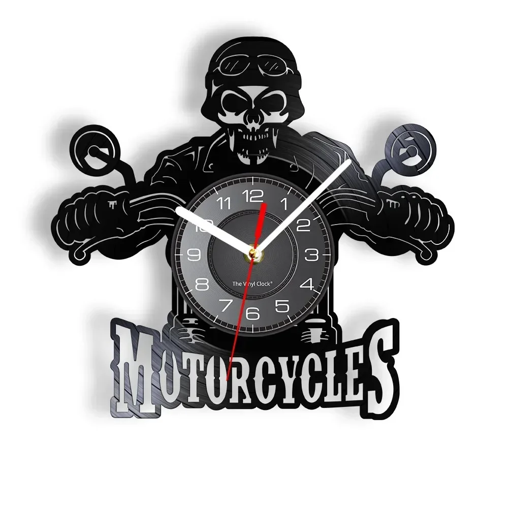 Skull in Helmet Racer Motorcycles Wall Clock Racer Skull Biker Vinyl Record Wall Clock Halloween Home Decor Skull Rider Clock