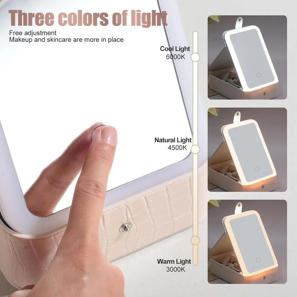 Miroir de maquillage LED portable avec ensemble de pinceaux de 15 pièces et éponge pour une beauté améliorée en déplacement