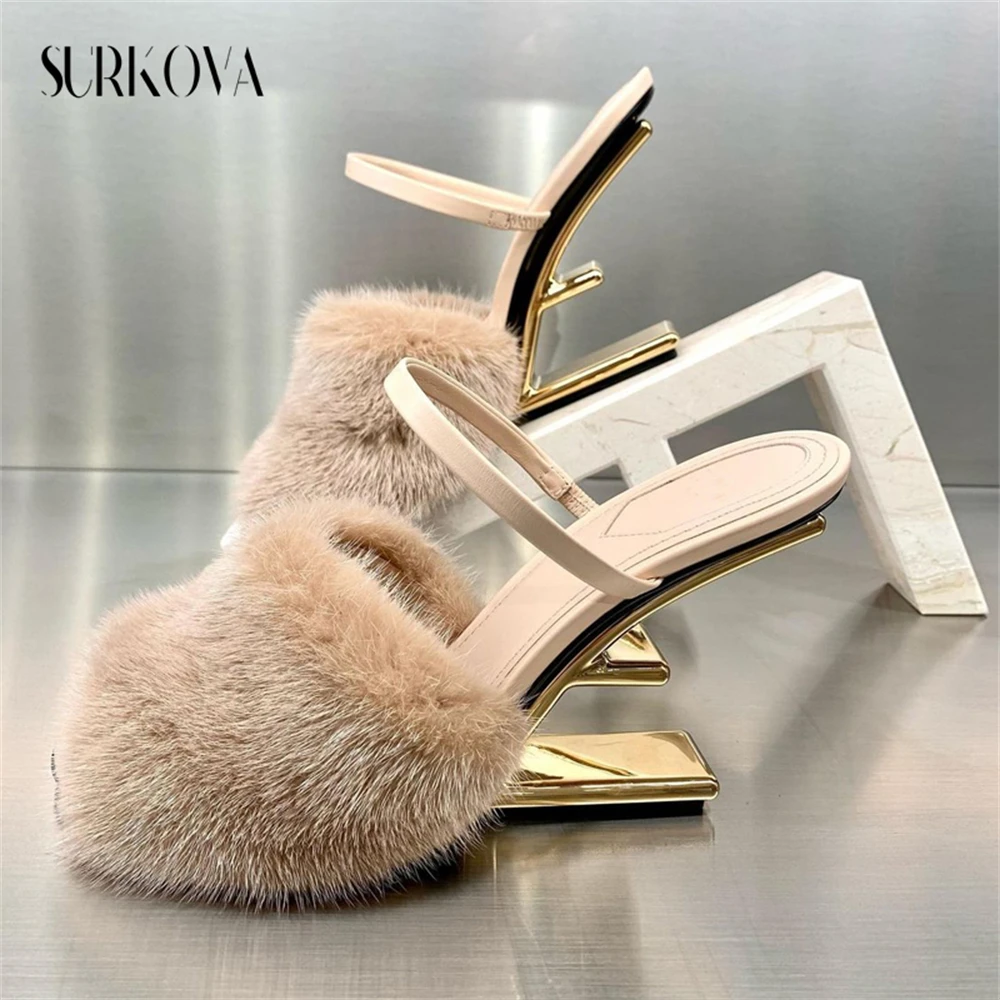 Hollow Shaped Heel Fashion Open Toe Sandals Fur Narrow Band High-Heeled Outdoor Runway Slippers Luxury Solid Color Women\'s Shoes