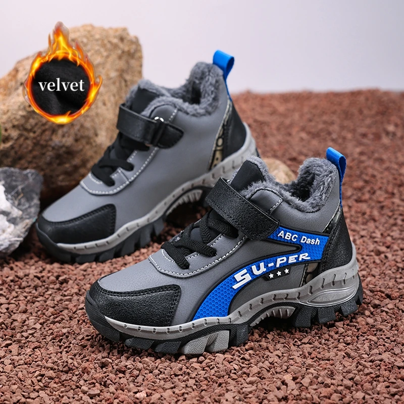 

Бархатные детские зимние кроссовки, теплая детская походная обувь, уличная нескользящая треккинговая обувь, повседневная спортивная обувь с высоким берцем для мальчиков