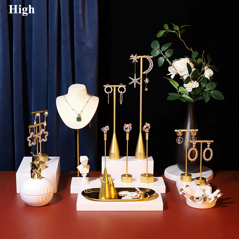 Gold Metal Earring T Bar Stand Retail Display Holders for Show, Jewelry Online Stores Photography Display Props