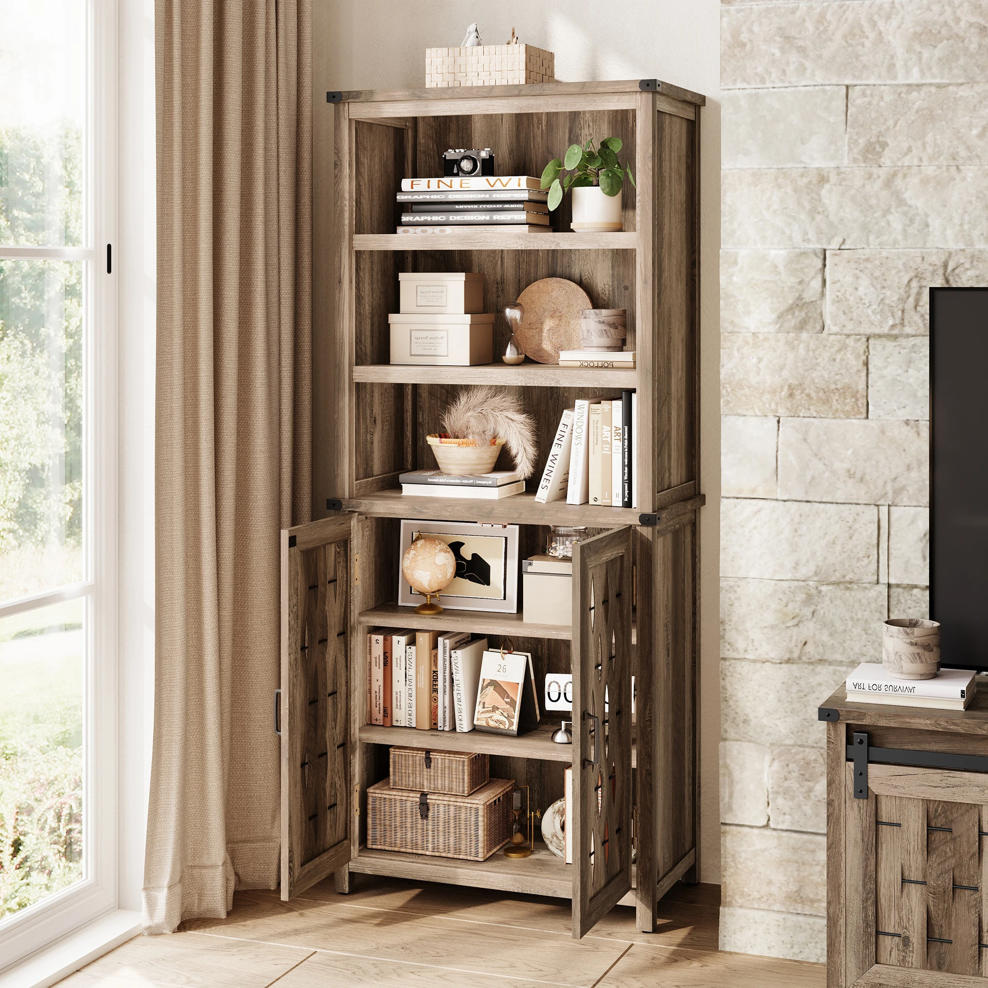 LINSY HOME Farmhouse Bookshelves and Bookcases with Doors, Floor Standing 6-Shelf Display Storage Shelves