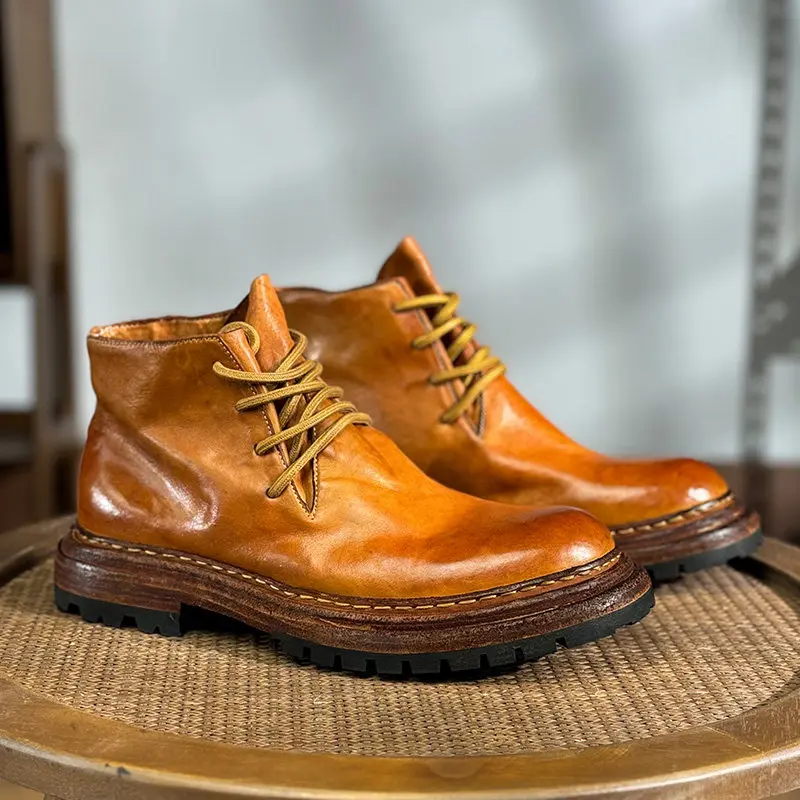 

Washed Horse Leather High-Top Boots Desert Boots Shoes for Men's British Horsehide Hand-sewn Leather-soled Outdoor Short Boots