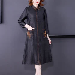 Women Slik Long Sleeve Chic Embroidery Casual Jackets Autumn Elegant Polo Collar Trench Korean Fashion Bodycon Chic Coats