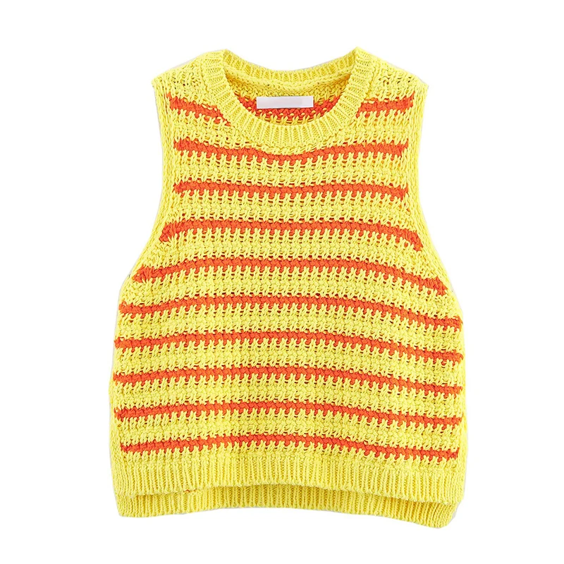 

YENKYE 2025 Women Round Neck Sleeveless Striped Knit Tank Top Hem Side Vents Casual Summer Yellow Crop Top