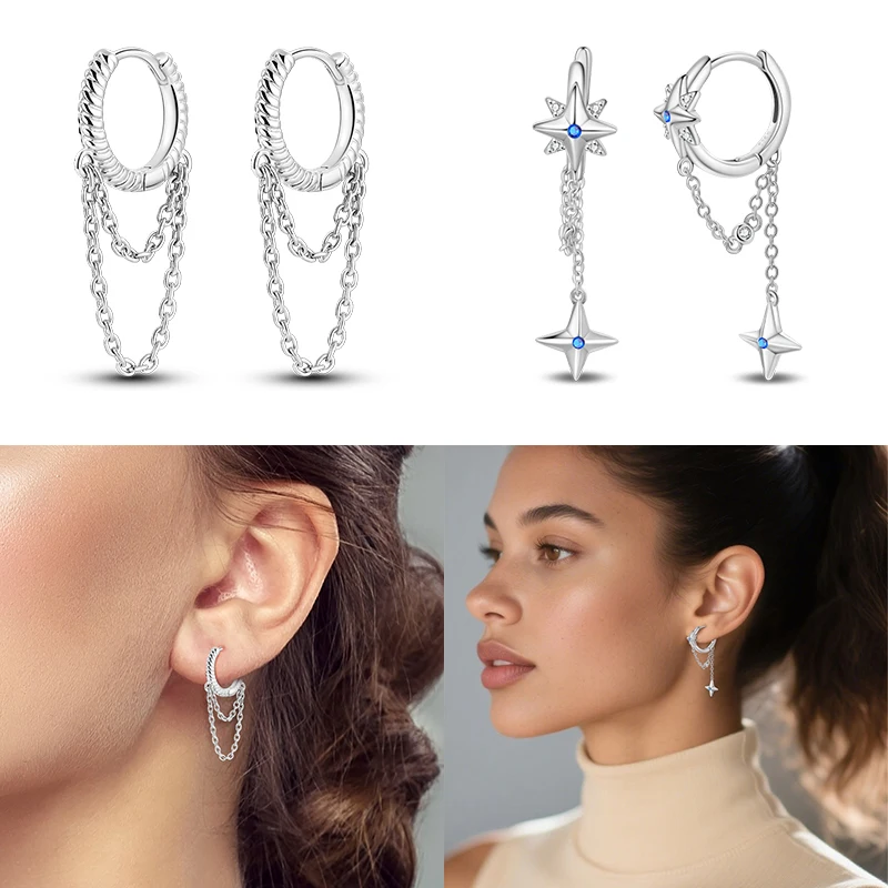 New 925 Sterling Silver Shining Blue Zircon Tassel Guarding Stars Cool Earrings Neutral Hoop Earrings For Birthday Jewelry Gift