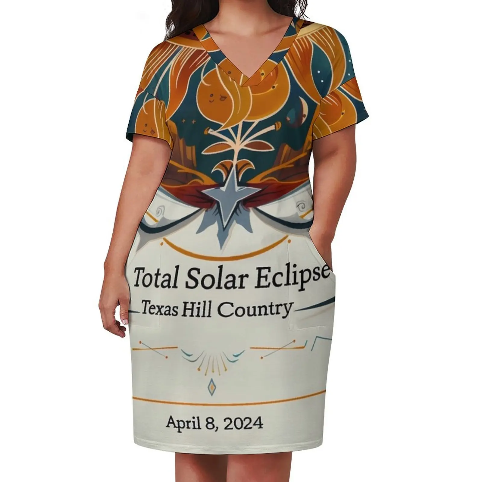 Eclipse Over Texas Hill Country: April 8, 2024 Solar Eclipse Poster Loose Pocket Dress Women