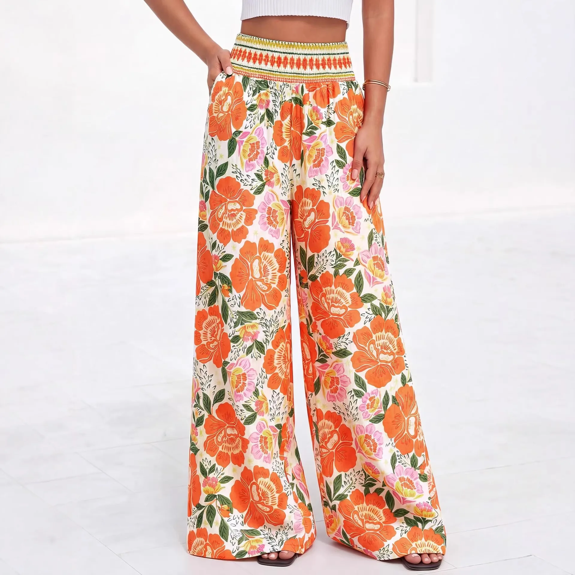 Summer Casual And Comfortable High Waisted Wide Leg Pants With Printed Pants For Women Pantaloni Da Donna