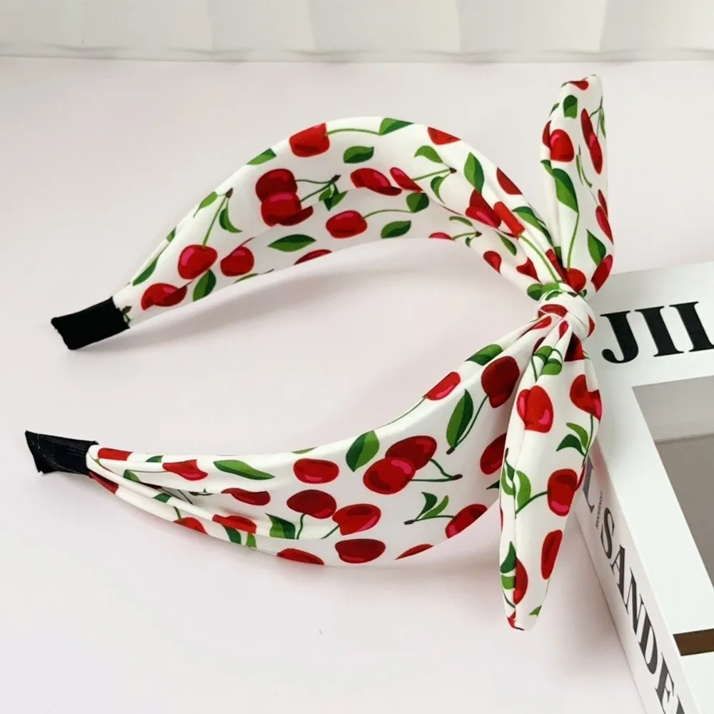 Multicolor Cherry Printed Headband Sweet Bow Wide Edge Hair Hoop Fruit Pattern Polyester Rabbit Ear Hairband Makeup Use