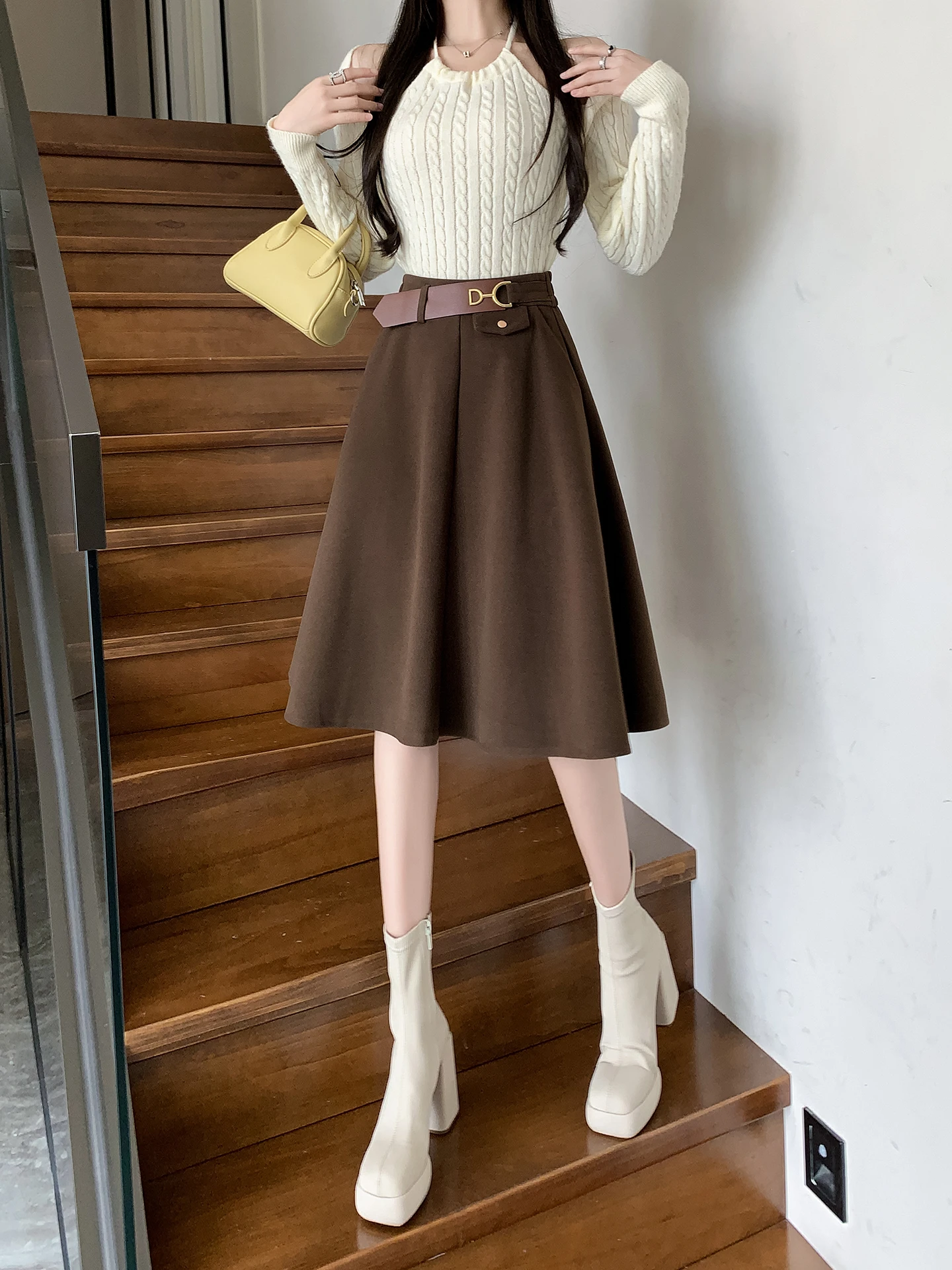 Caramel Woolen A-Line  Skirt Women's High Waist Autumn Winter Hepburn Sle Umbrella Skirt Small Size Versatile Mid-Lengt...