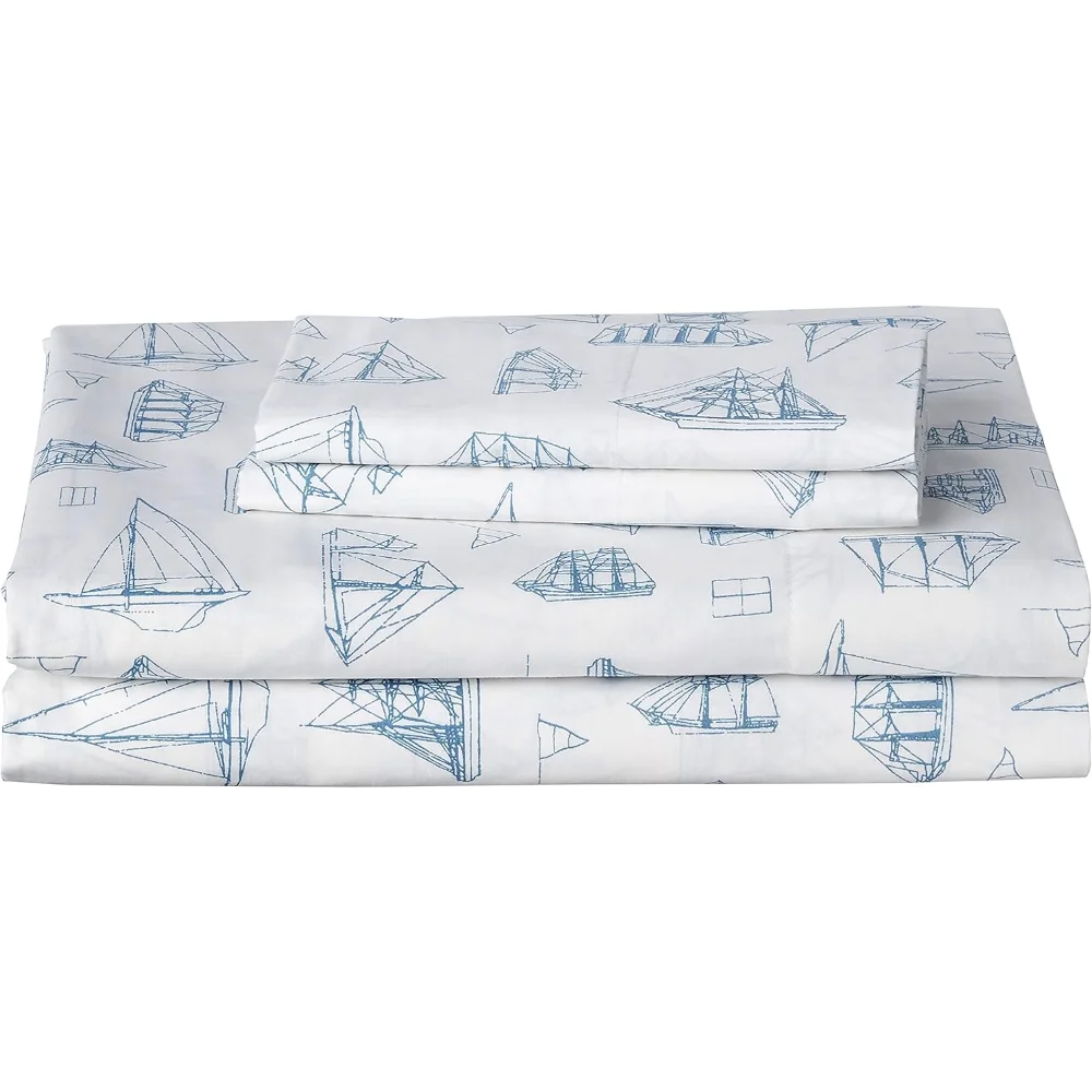 Nautica - ملاءات كوين، طقم سرير قطني مثالي، مقرمش ورائع، ديكور منزلي ساحلي (أزرق شراع من الخشب الأبيض، كوين)