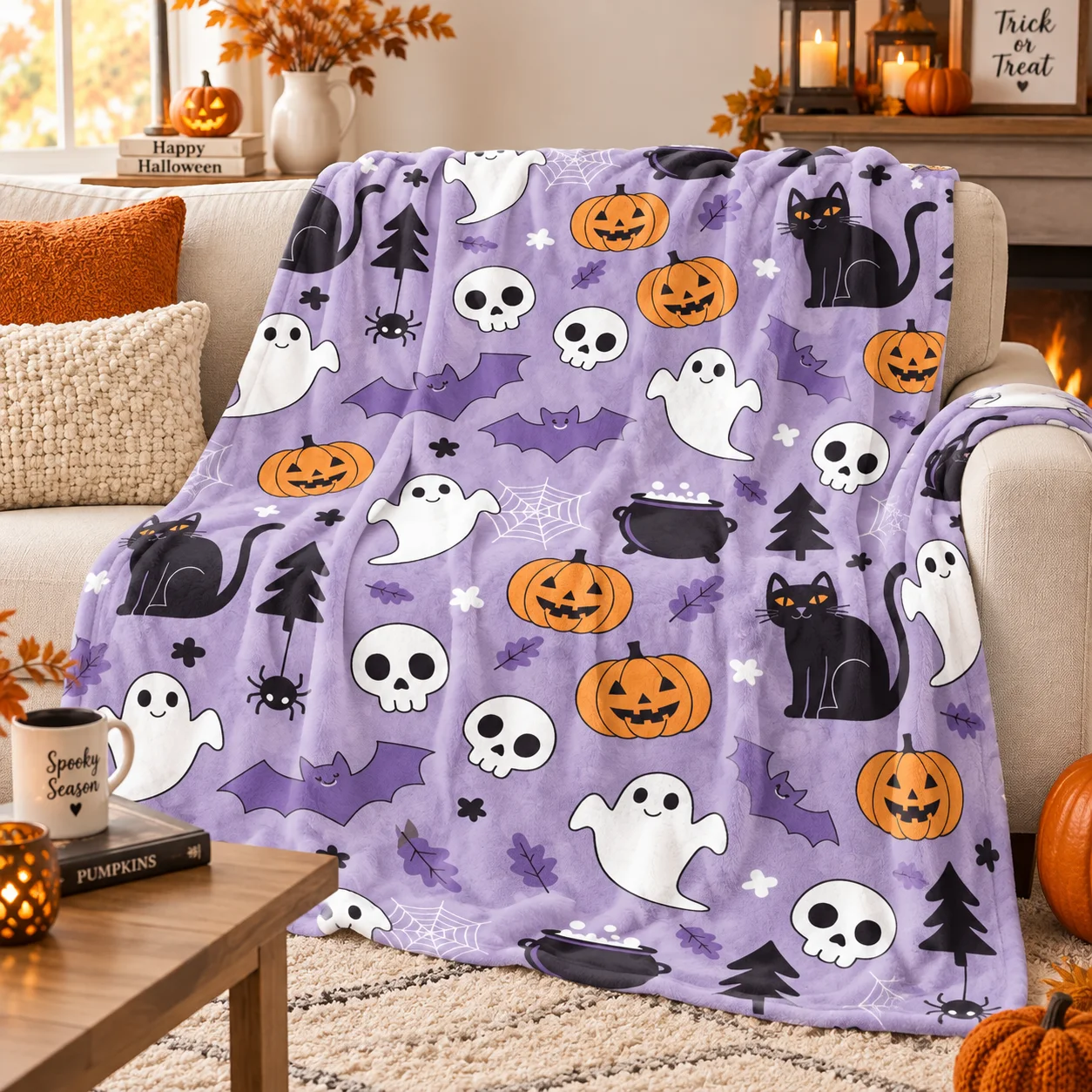 Cute Ghost Pumpkin Coffee Maple Leaf Halloween Blanket, Soft Flannel Throw Blanket, Autumn Fall Season Lightweight Bed Sofa Cove